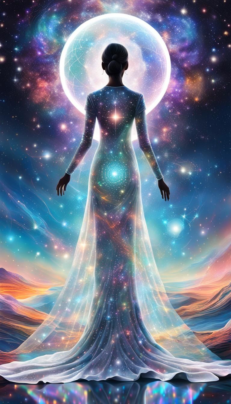 Woman in Cosmic Dress: Holographic Astral Illustration