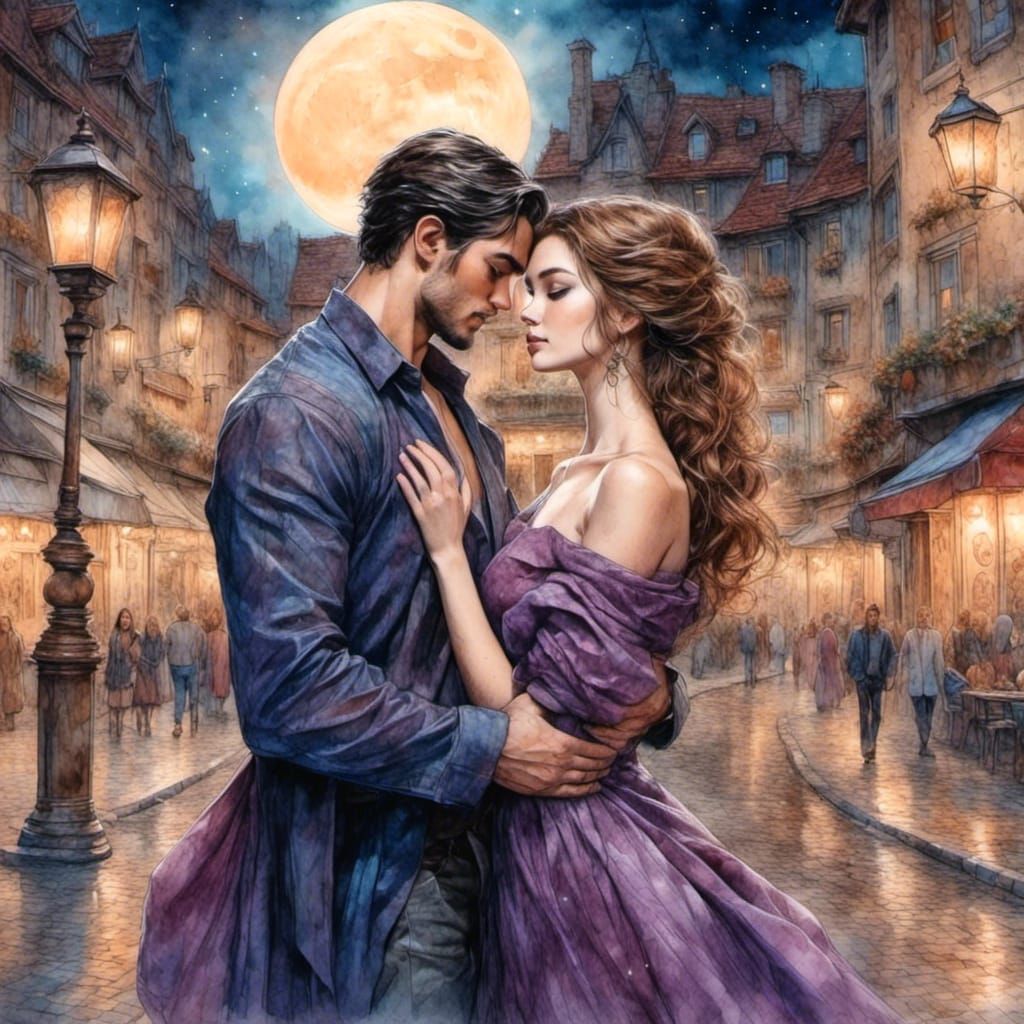 Lovers Posing Under Full Moon in Cosy Street