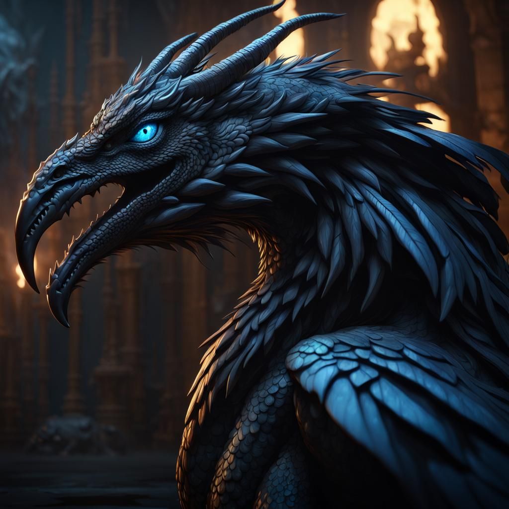 Raven Feathered Dragon in Dark Fantasy Style