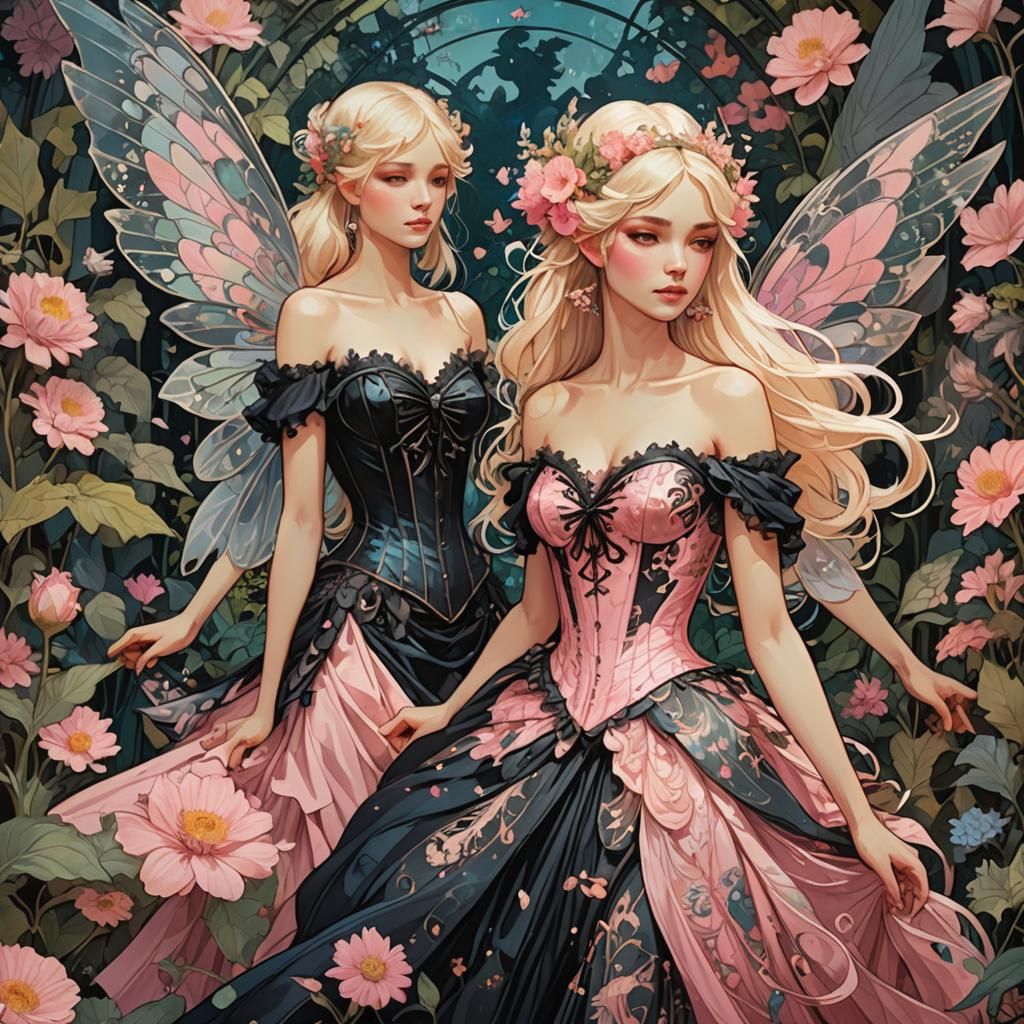 Fairy Women in Mystical Garden, Alphonse Mucha-Inspired Art