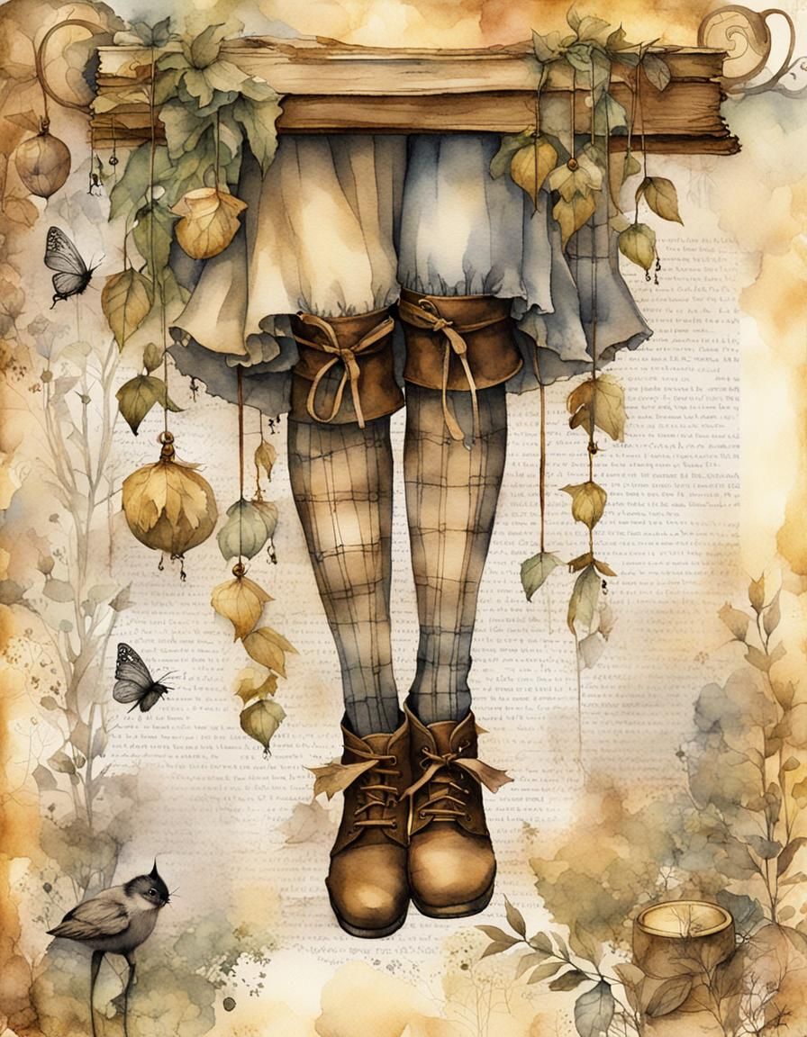 Alice's Legs in Fairy Garden, Watercolor Scrapbook Style