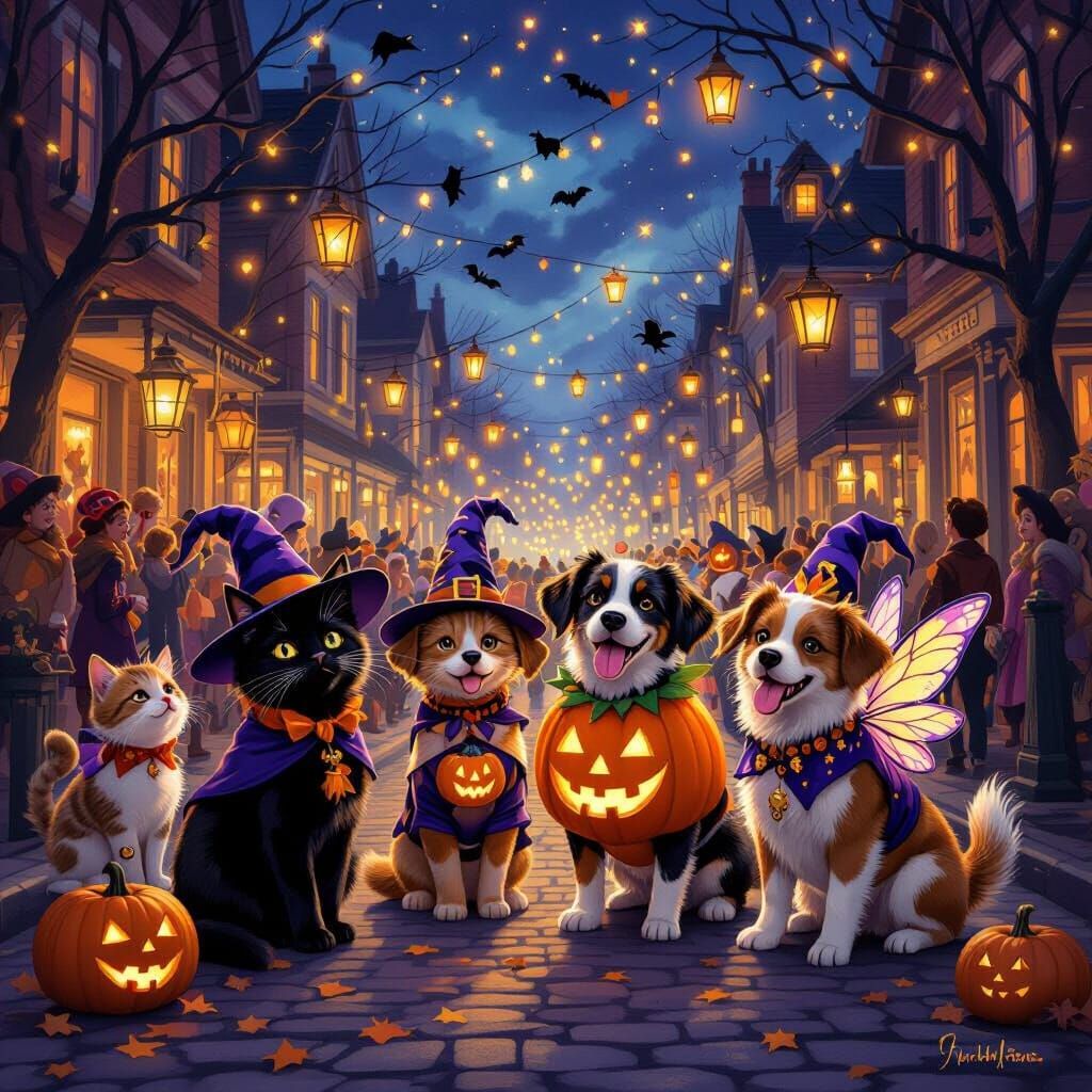 Animals Celebrate Halloween Street Party in Whimsical Style
