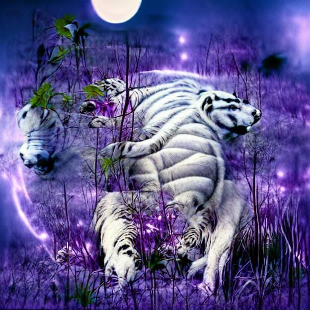 White Tiger with Purple Stripes under Quantum Moon