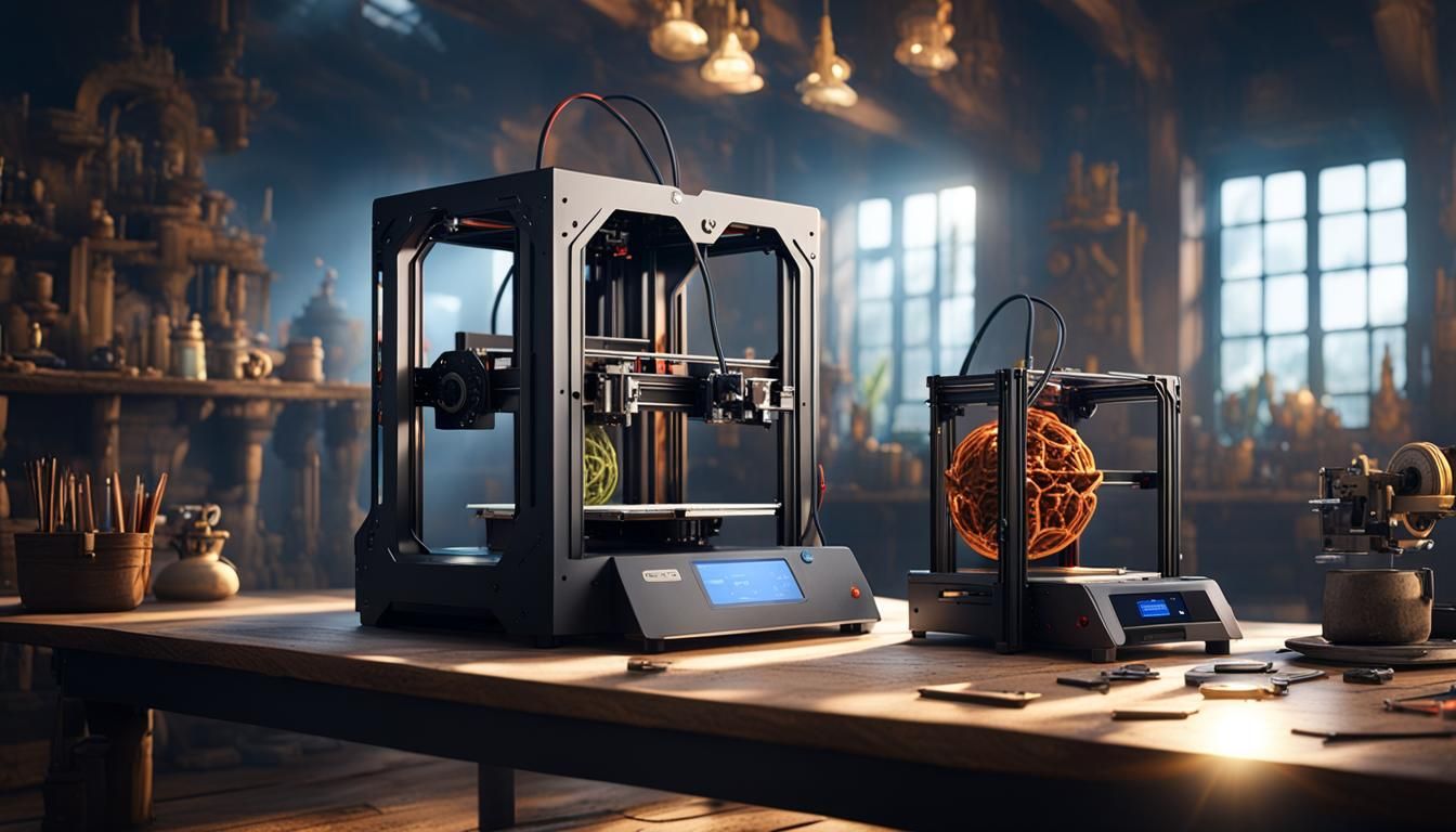 Two 3D Printers on Wooden Table, Detailed Matte Painting