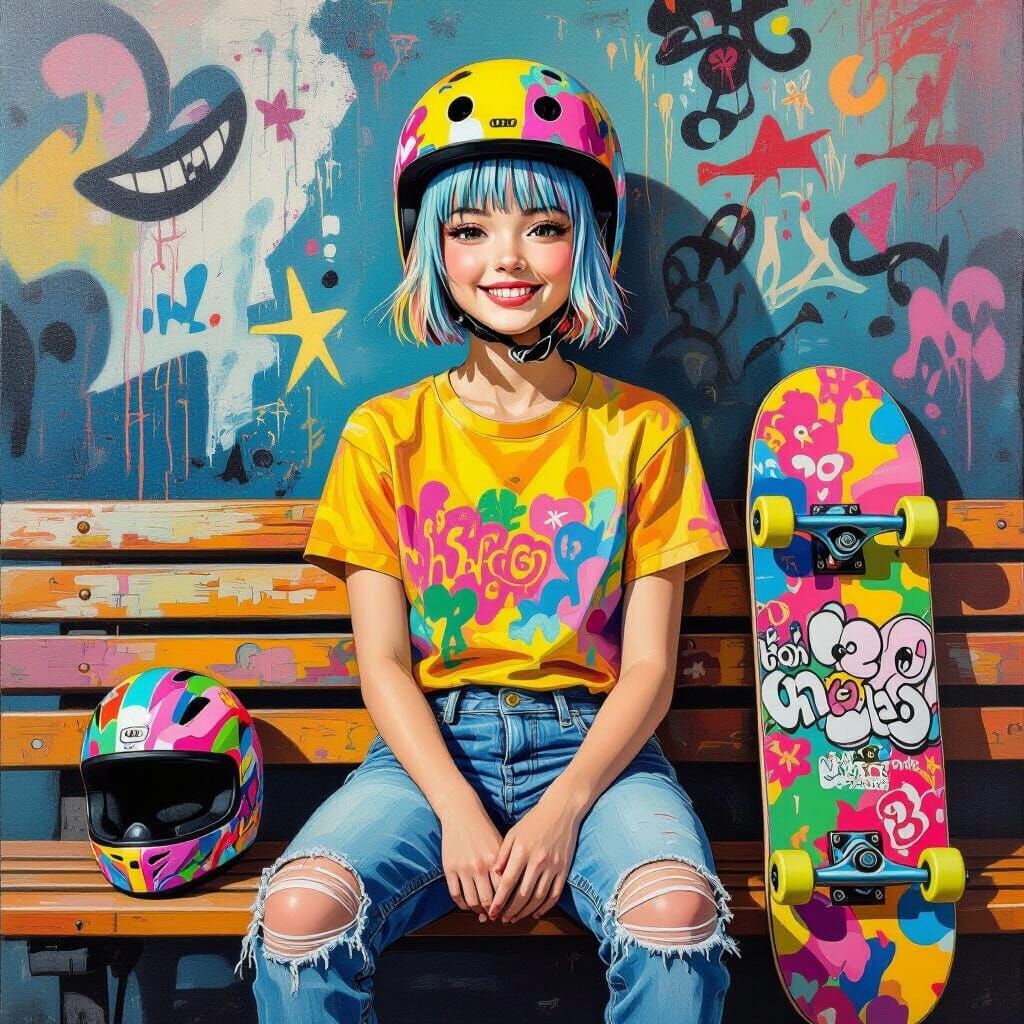 Girl with Colorful Hair on Bench in Pop Art Style