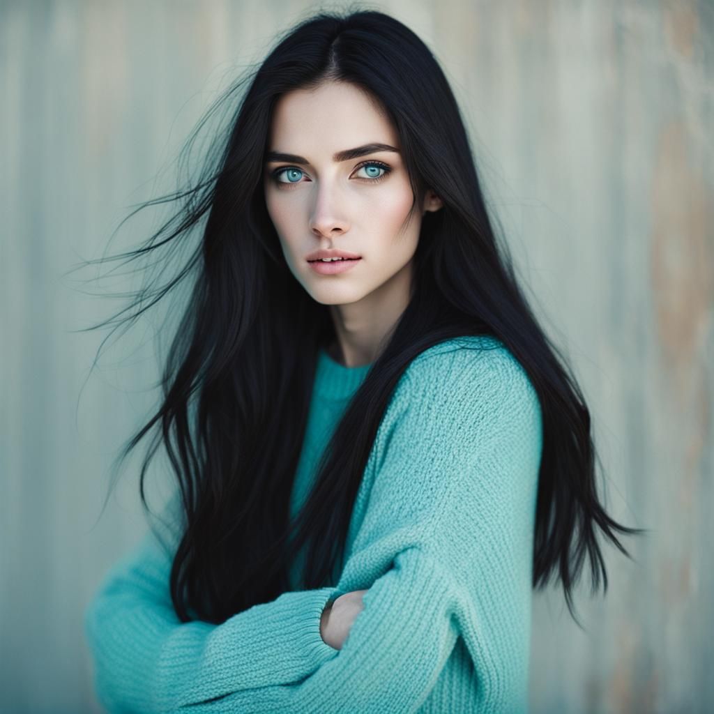 Slender Woman with Black Hair and Turquoise Sweater