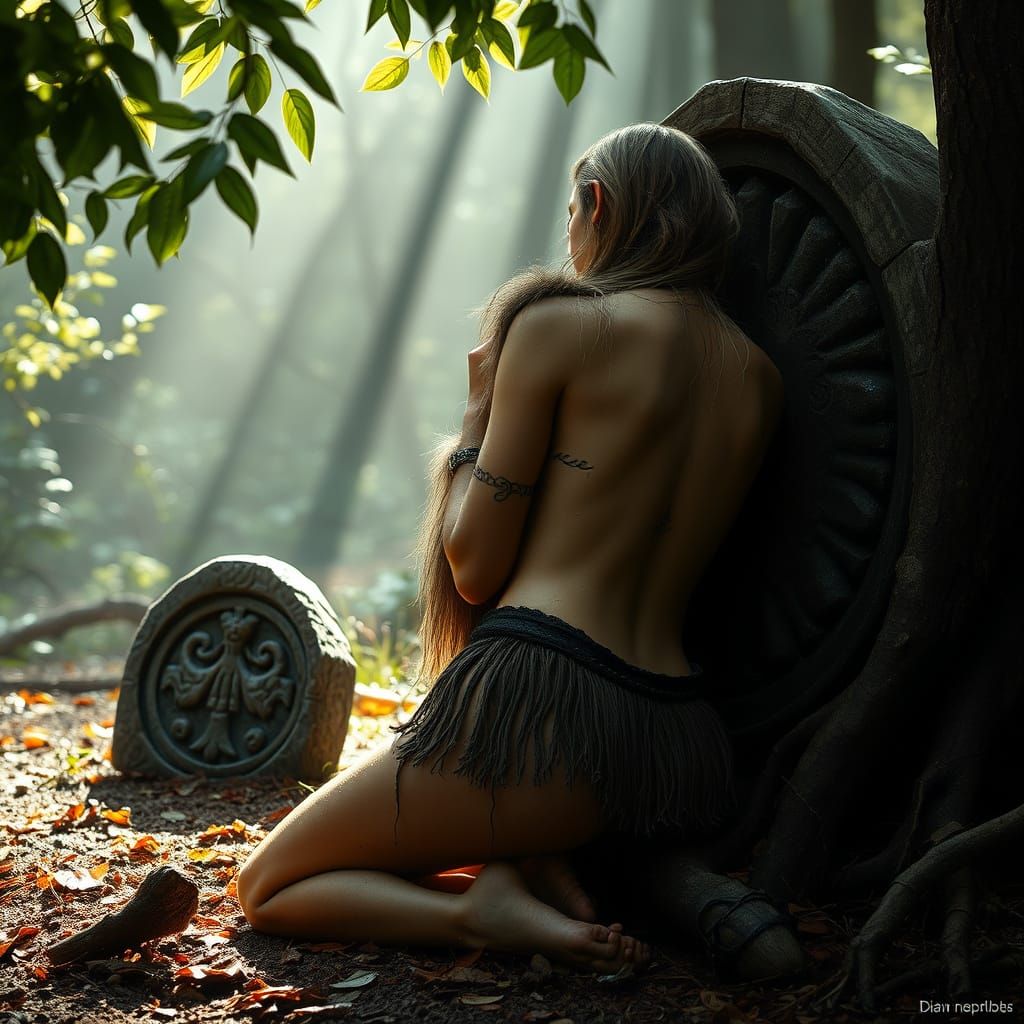 Druidess Praying to Stone Idol in Forest