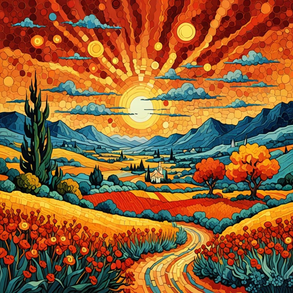 Vibrant Watercolor Landscape in Pixel-Art Style