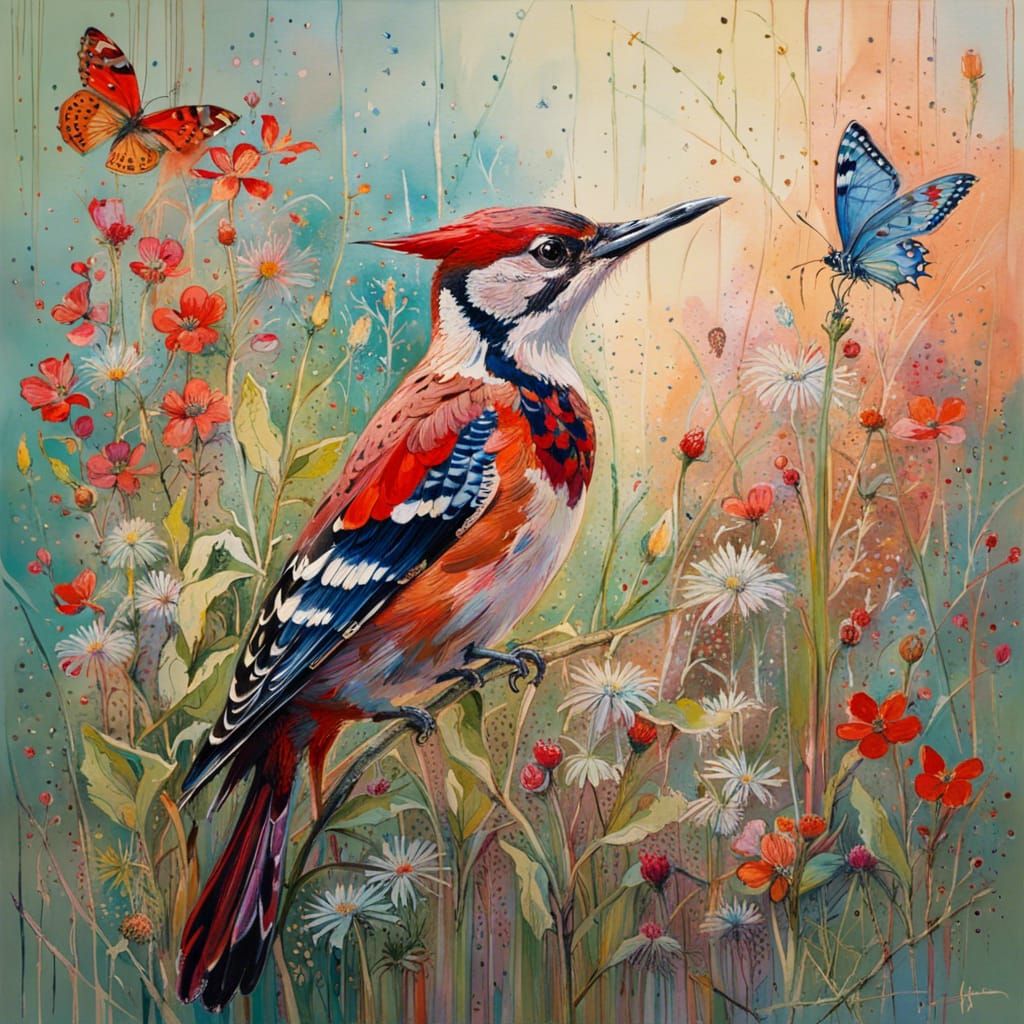 Woodpecker with Wildflowers in Morning Light