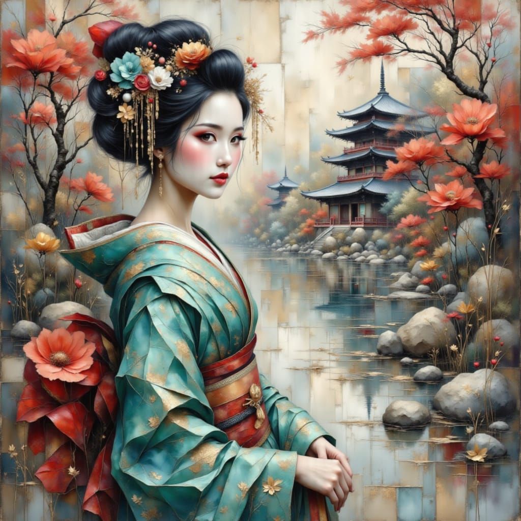Ethereal Geisha in Japanese Garden, Ink Lined Oil Painting