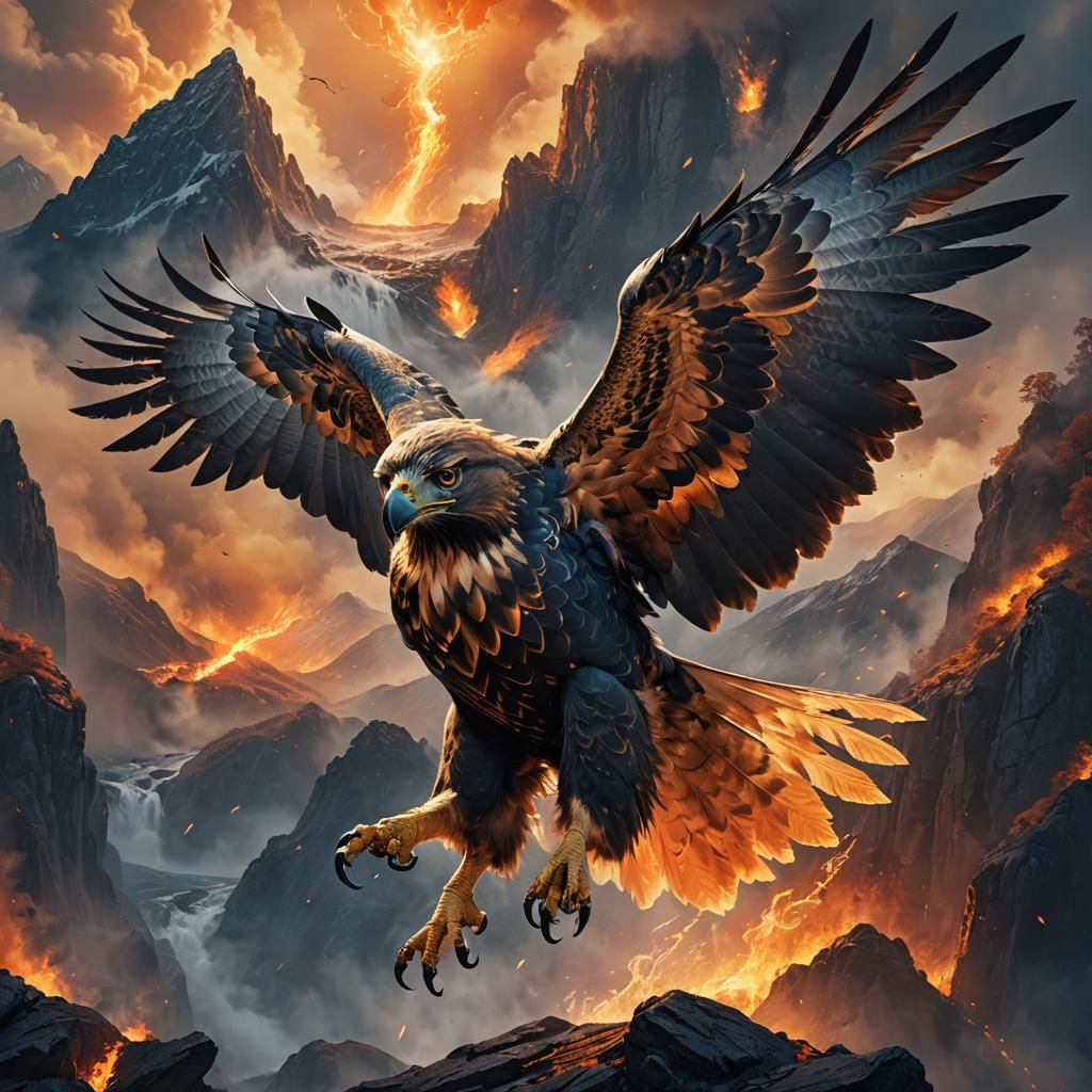 Majestic Fire Hawk Soaring Through Misty Mountains