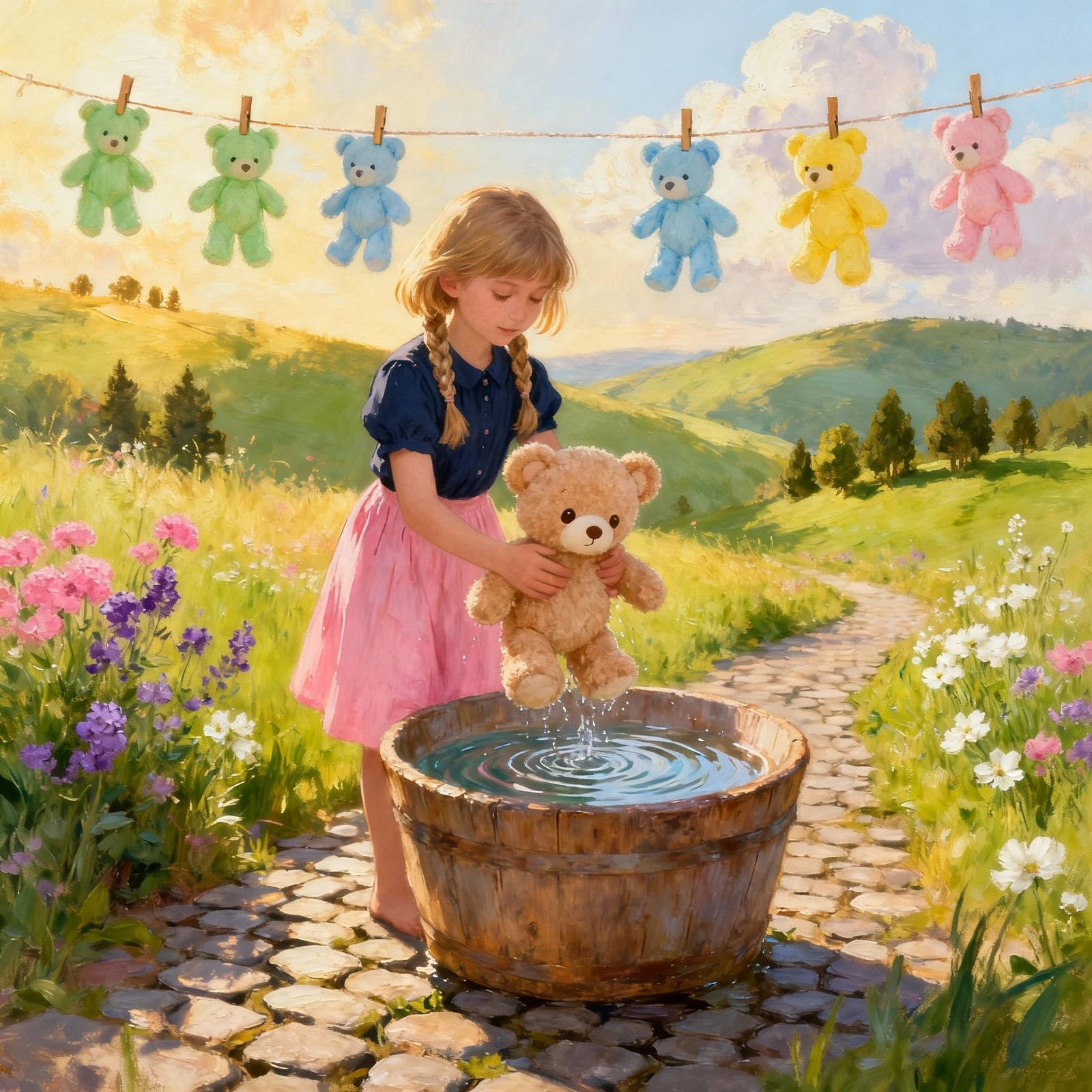 Whimsical Oil Painting of Girl Washing Teddy Bear
