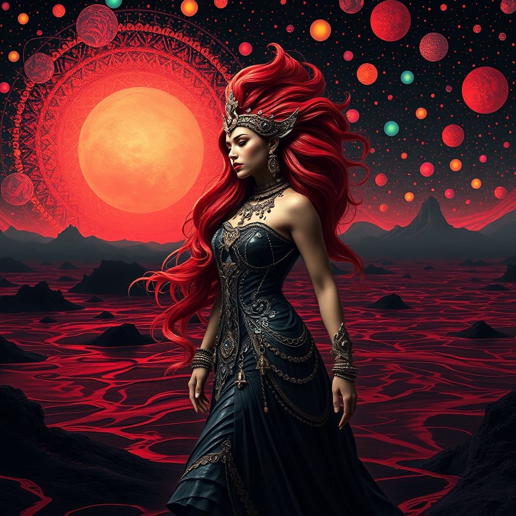 Ethereal Goddess Walks Through Hellish Landscape in Vibrant,...