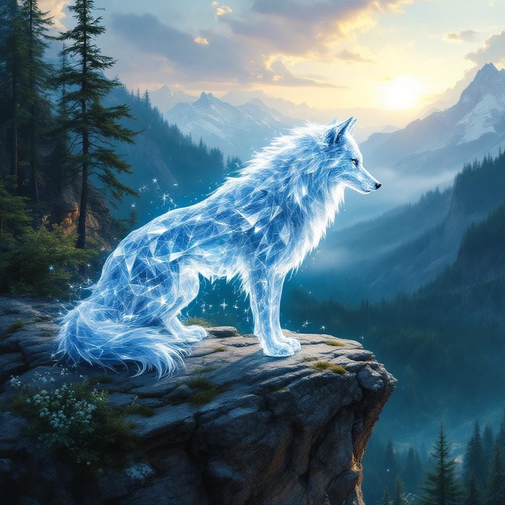 Ethereal Crystal Wolf Overlooking Forest Vista