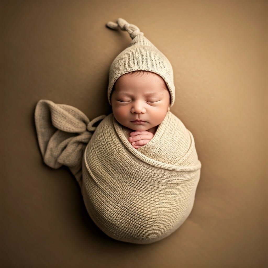 Newborn Boy in Cream-Colored Swaddle with Delicate Hat