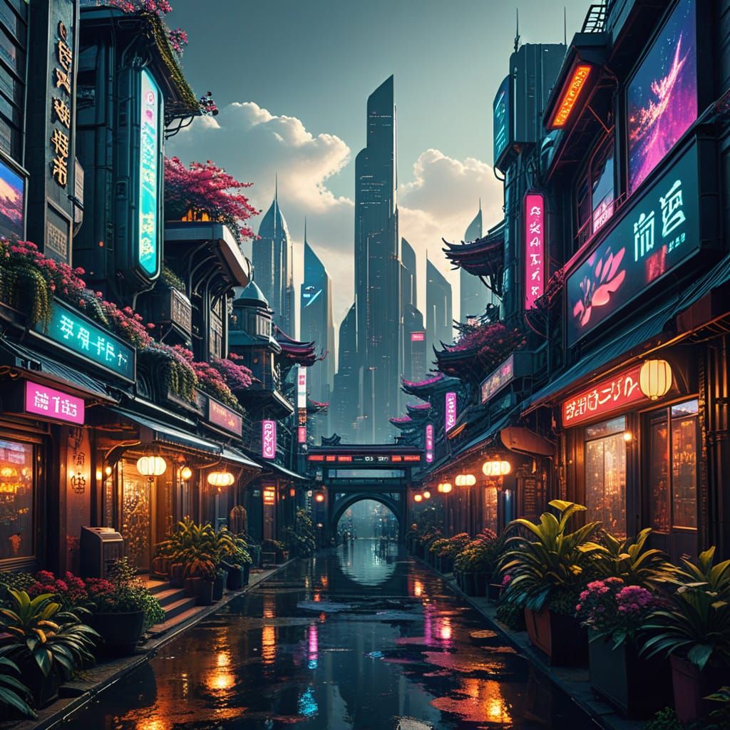 Cyberpunk Oriental Metropolis in a Futuristic Utopia