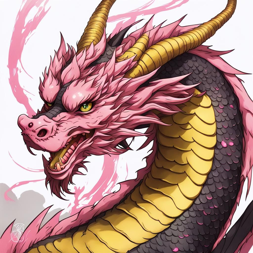 Golden Asian Dragon with Pink Highlights in Anime Style