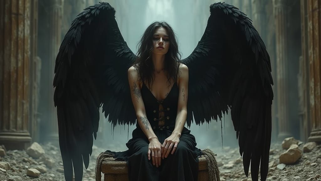 Fallen Angel in Dark Fantasy Ruins