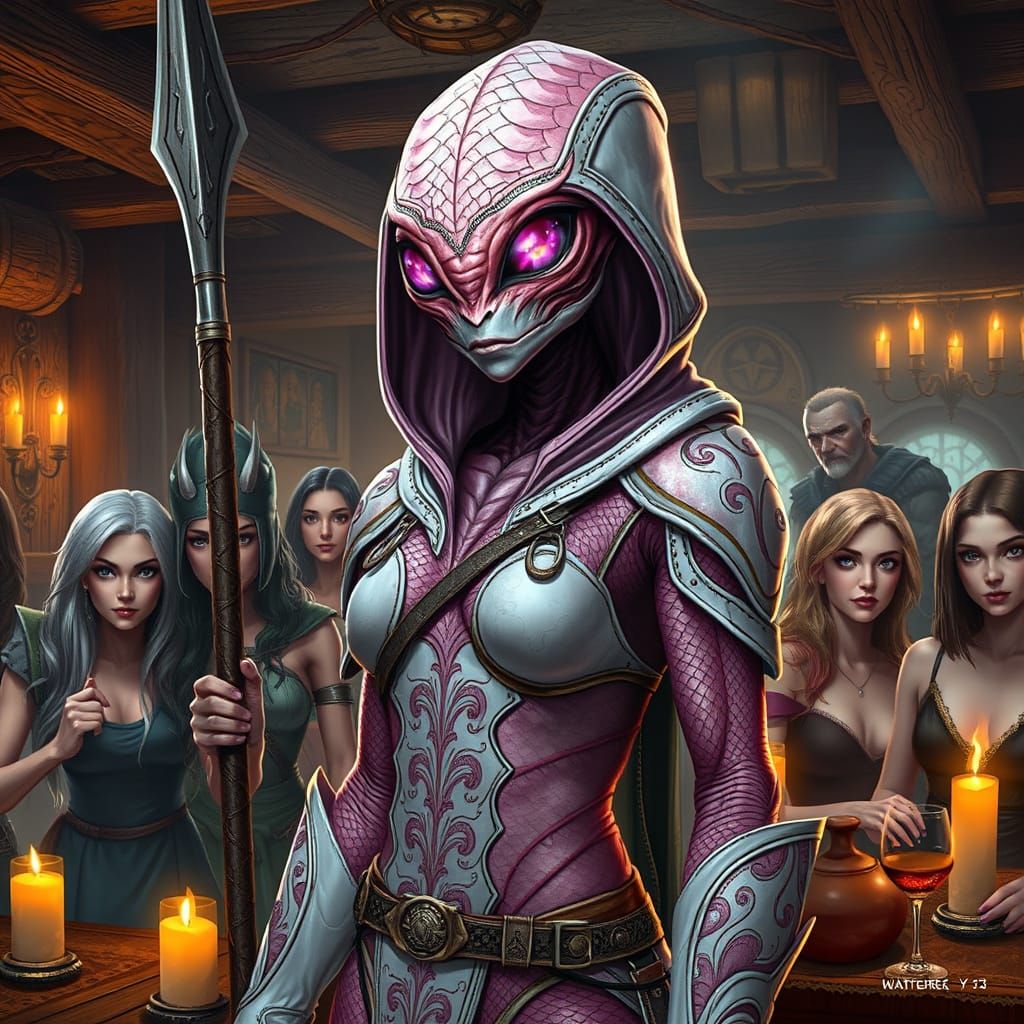 Mysterious Alien Warrior Goddess in Dark Fantasy Tavern