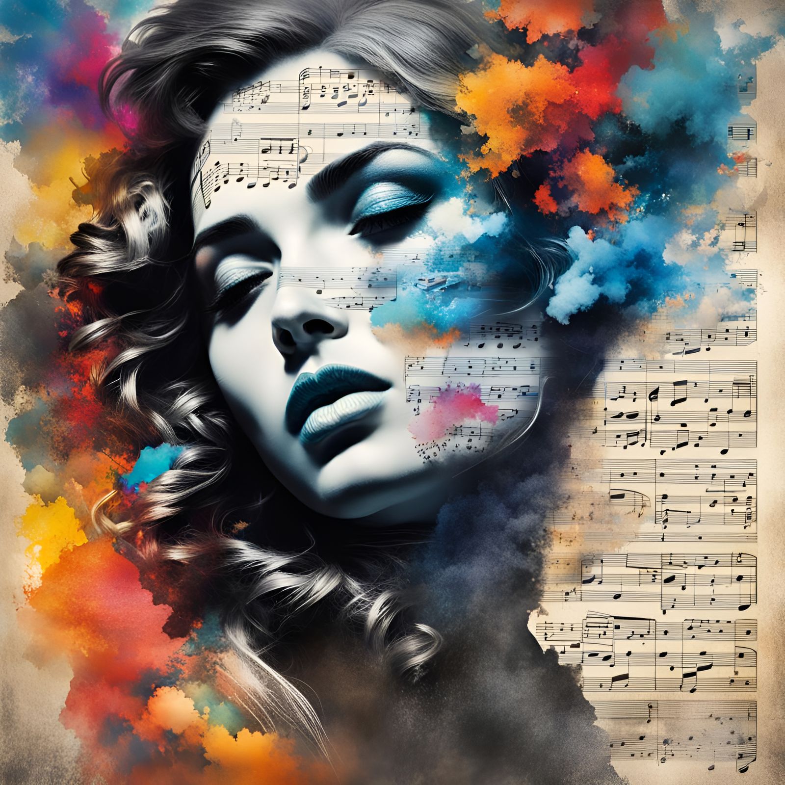 Antique music sheet, double exposure beautiful woman, dramat...