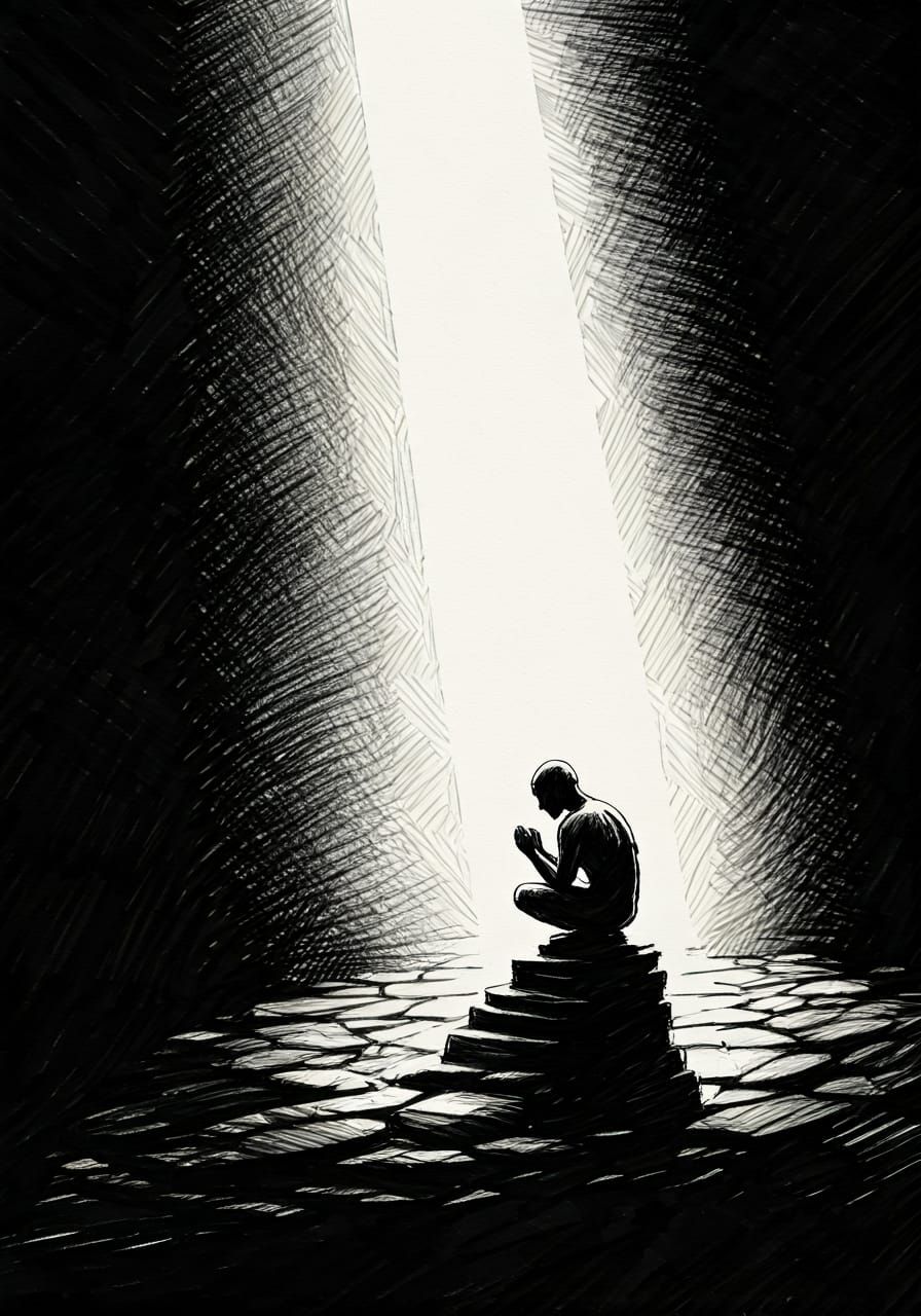 Sketchy black ink on white textured paper, a single shaft of...