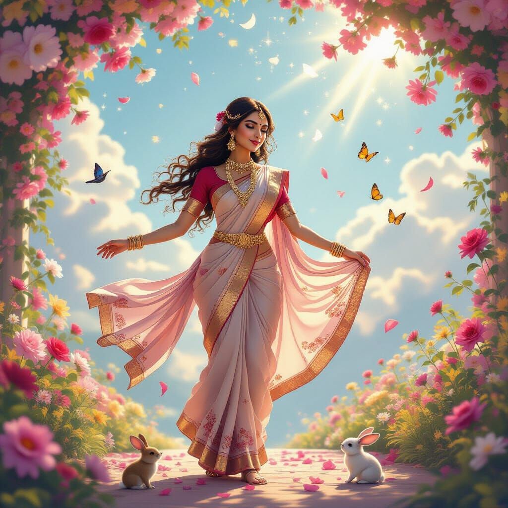 Magical Woman in Sari Dancing Under Floral Sky