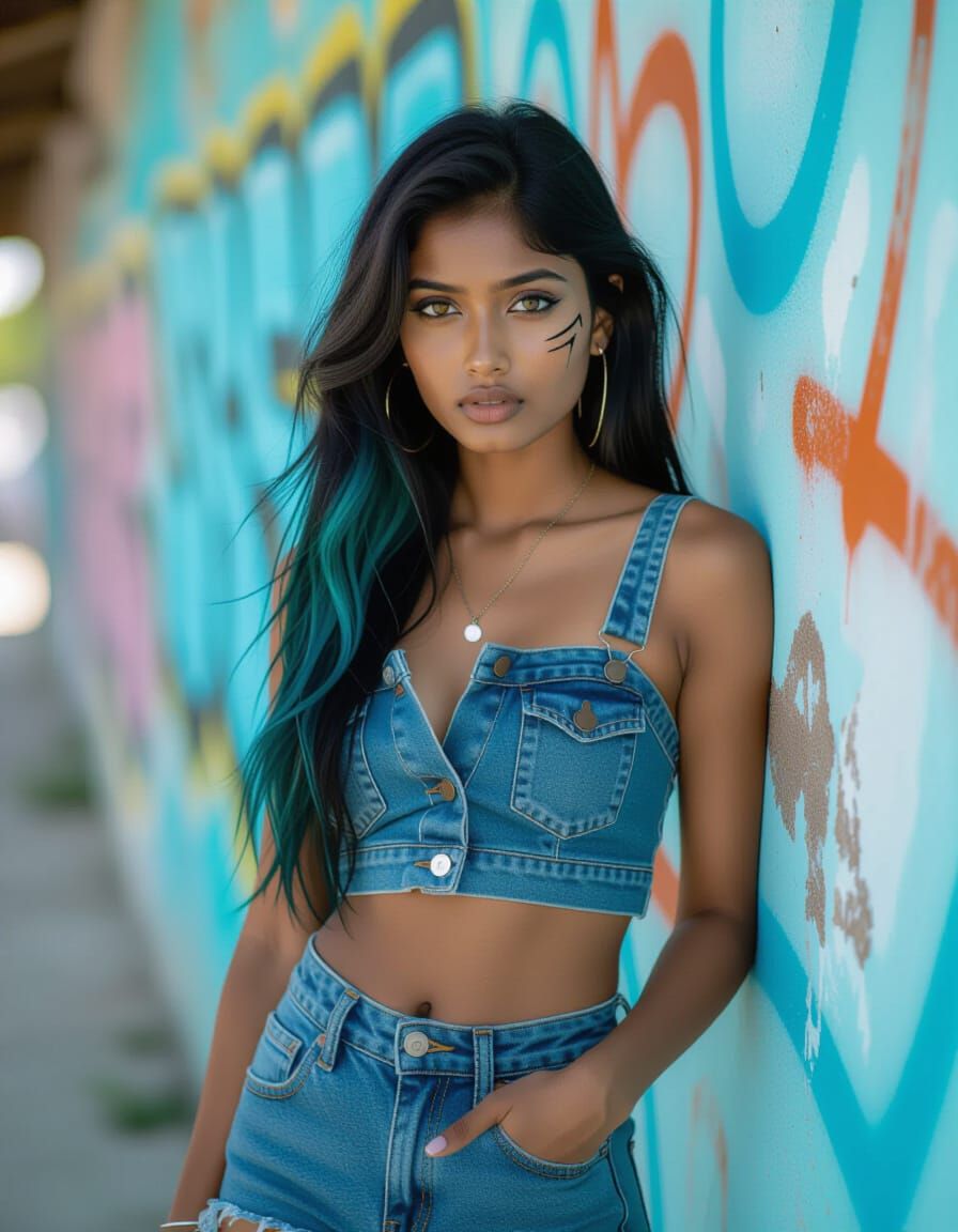 Slender Malayali Woman with Cyan Hair and Intense Gaze
