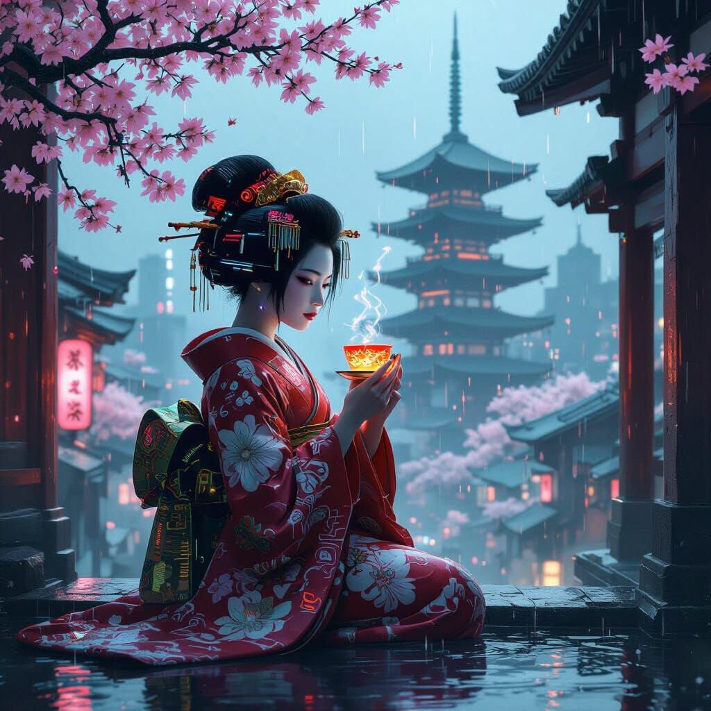 Cyberpunk Geisha in Rain-Slicked Metropolis