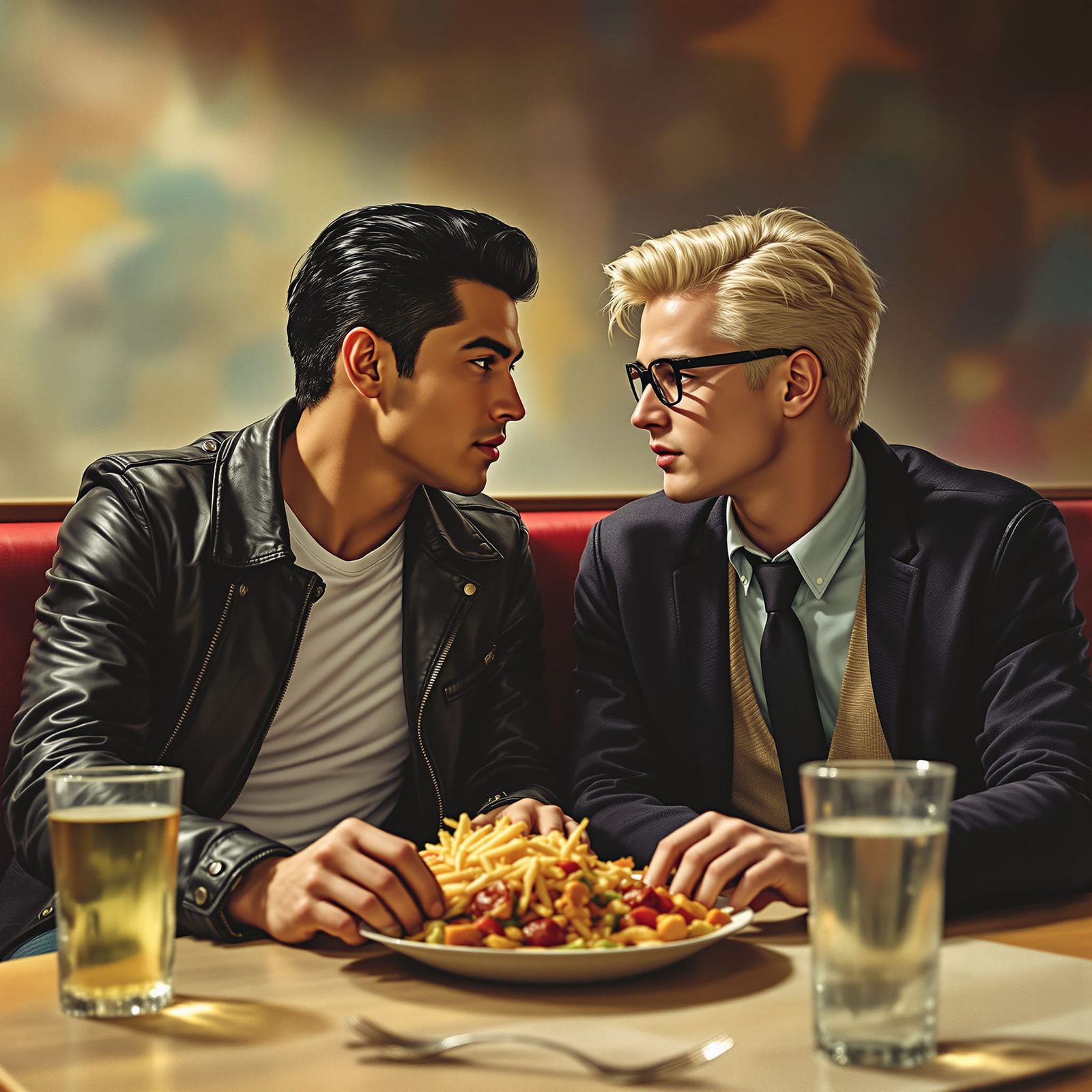 1950s Diner Scene: Two Men Share a Moment