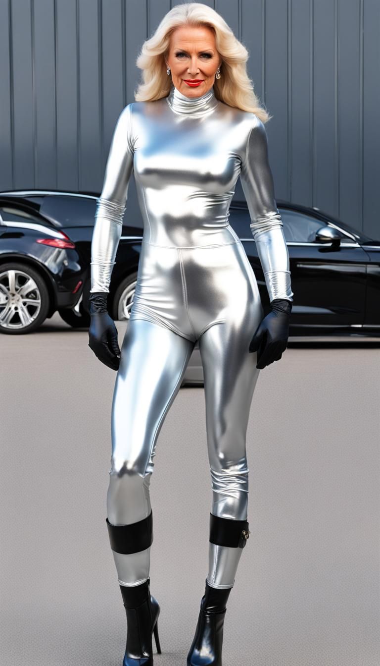 Silver Latex Catsuit: Futuristic Fashion Portrait