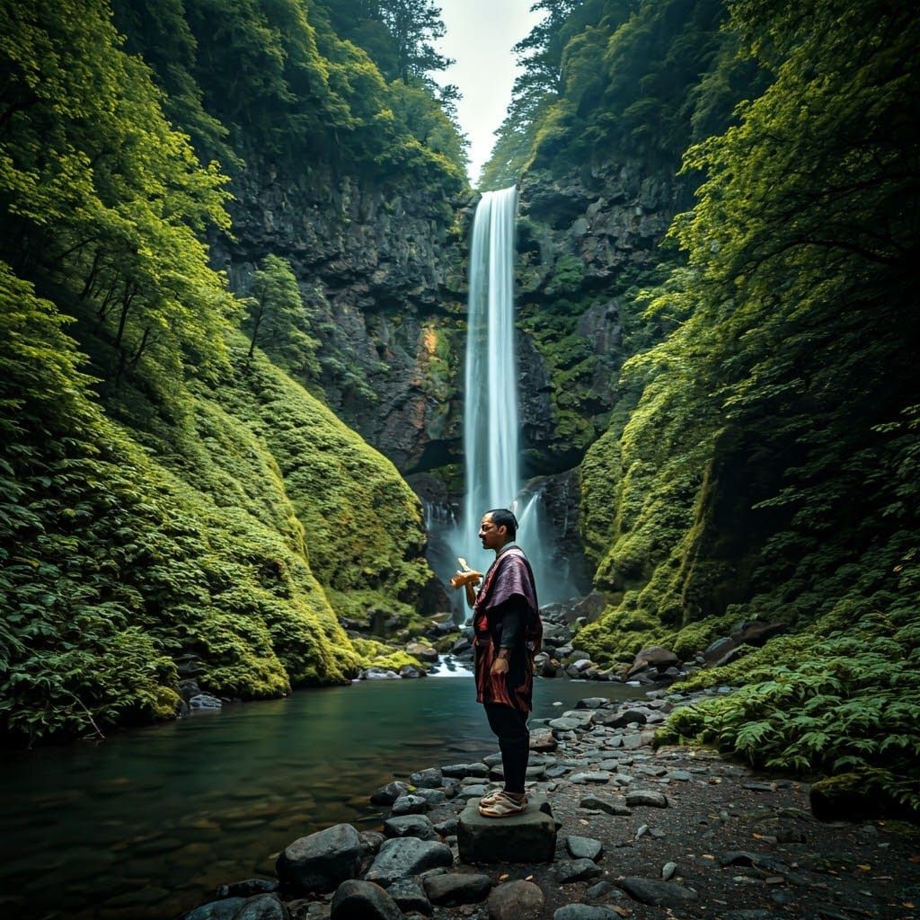 Shugendo Monk Embraced by Iga Waterfall's Misty Veil