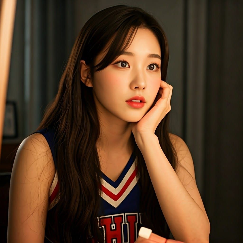 Asian Cheerleader Applying Makeup in Cinematic Lighting