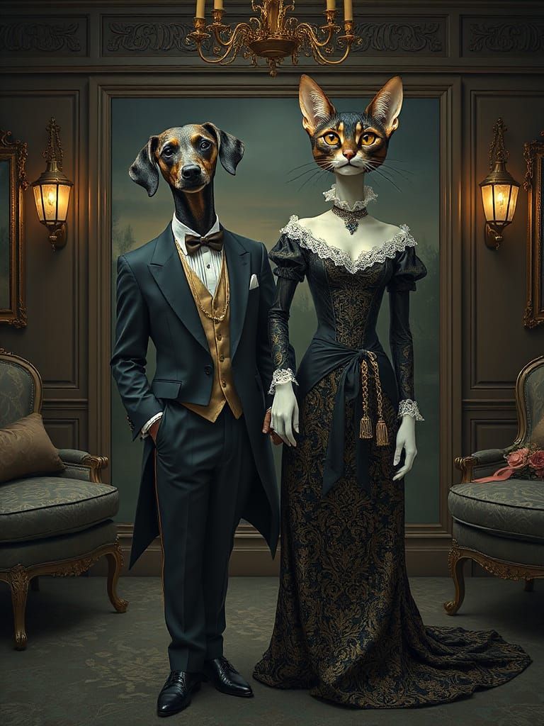 Elegant Canine-Human and Feline-Human Couple in Luxurious Se...