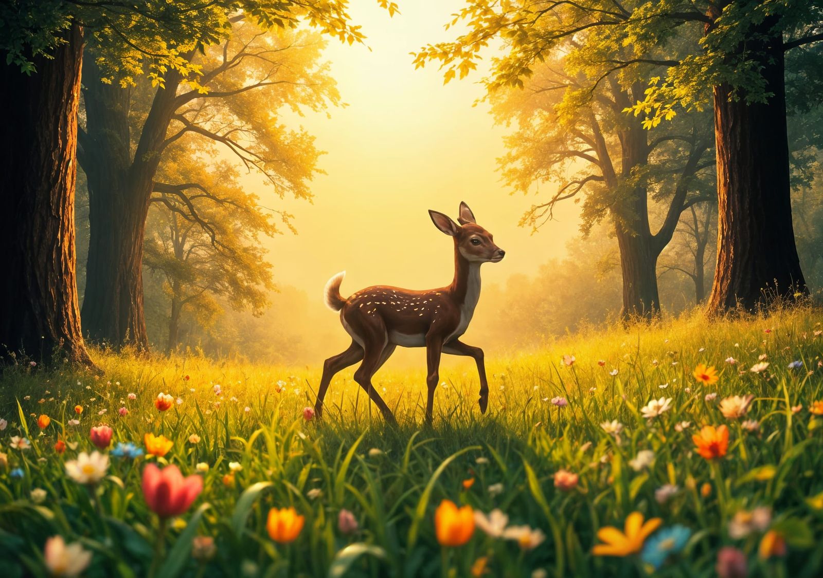 Elegant Fawn in Field: Impasto Painting