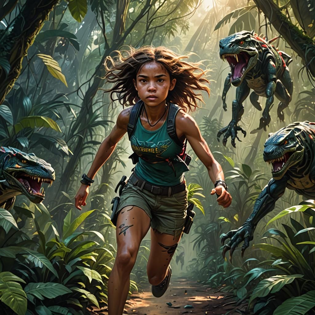 Girl's Jungle Escape: Hyperrealistic Sci-Fi Art