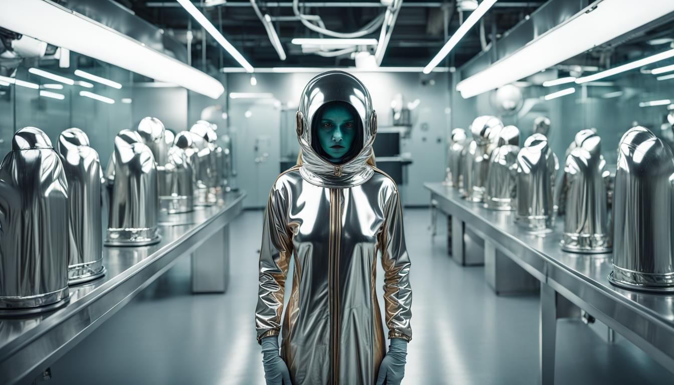 Woman in Reflective Hazmat Suit with Mirrored Mask