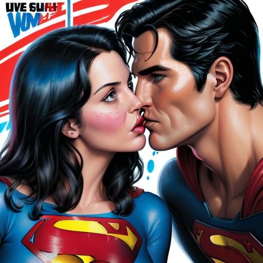 Superman and Lois Lane Kiss in Comic Book Style