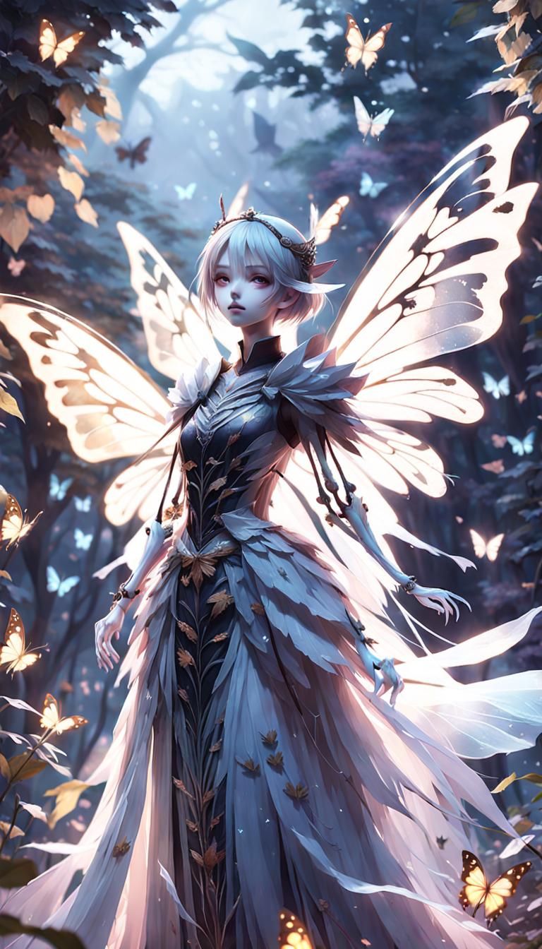 Ethereal Skeletal Fairy in Dimly Lit Environment