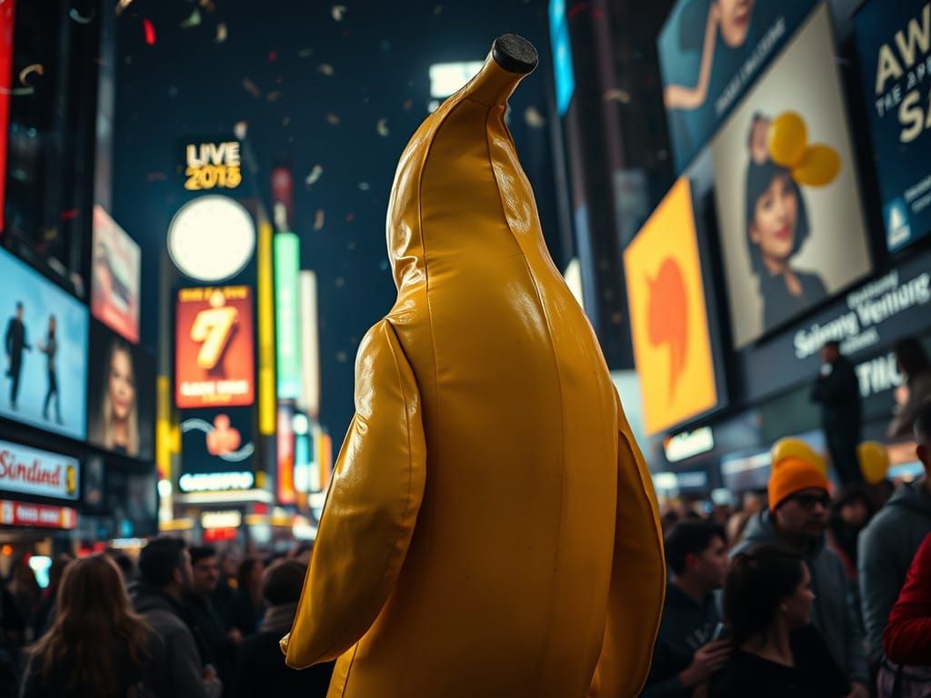 Vibrant Banana Suit Figure Celebrates NYE in Times Square