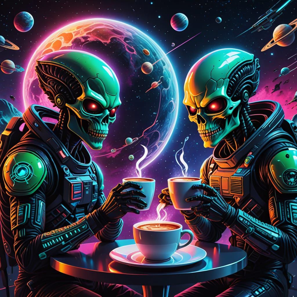 Aliens and Skulls Drink Coffee in Space