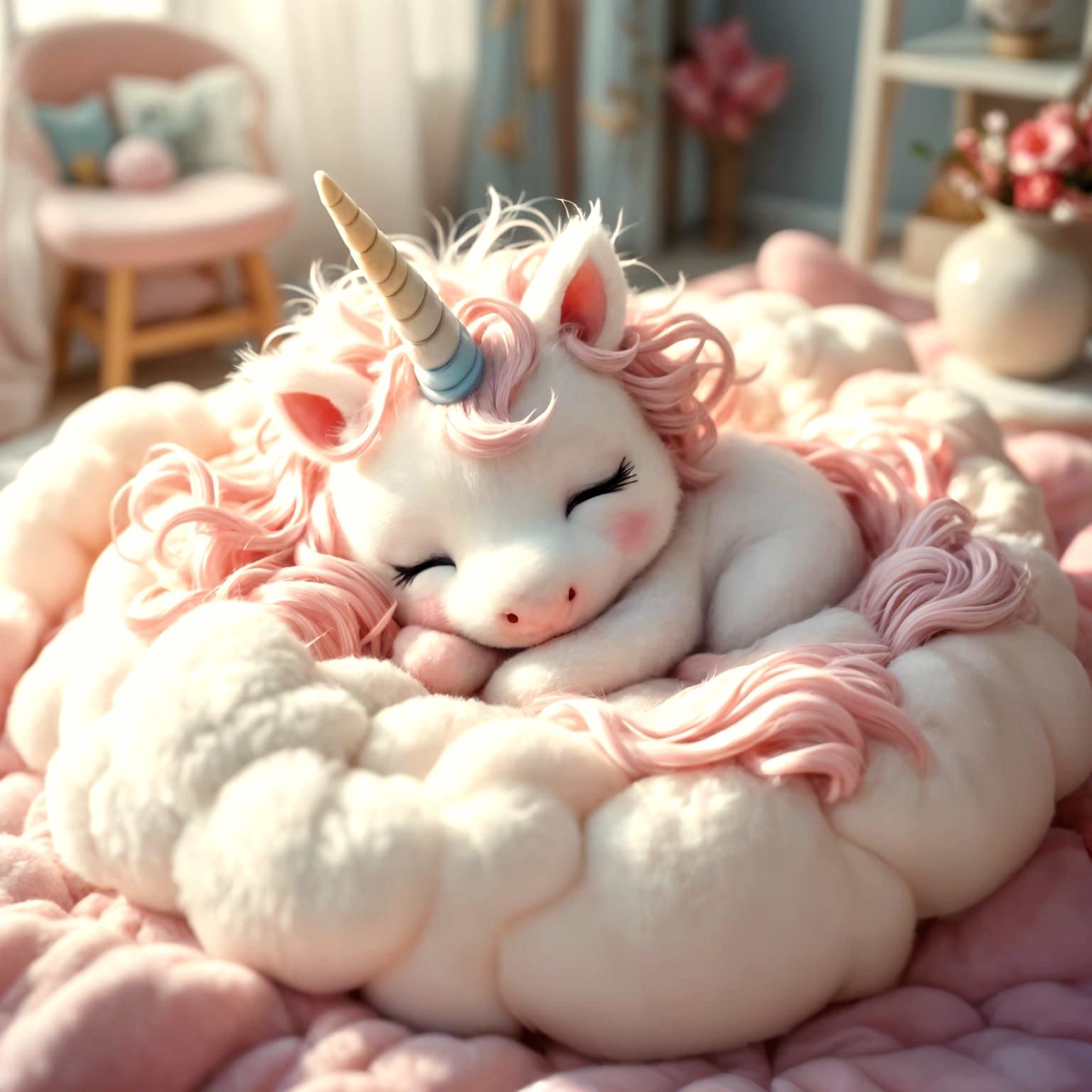 Chibi Unicorn Napping in Cloud Crib, Ghibli-Inspired