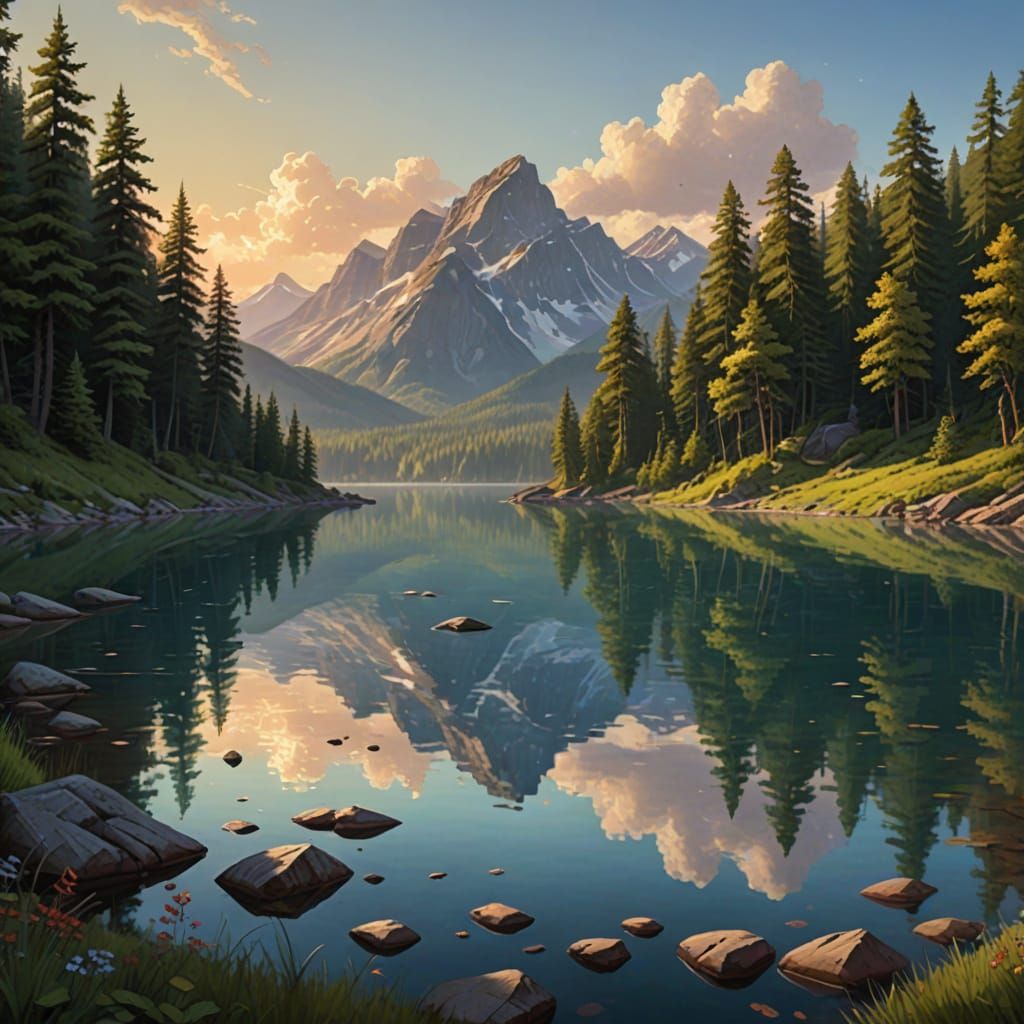 Crystal Lake Sunset: A Hudson River School Style Landscape