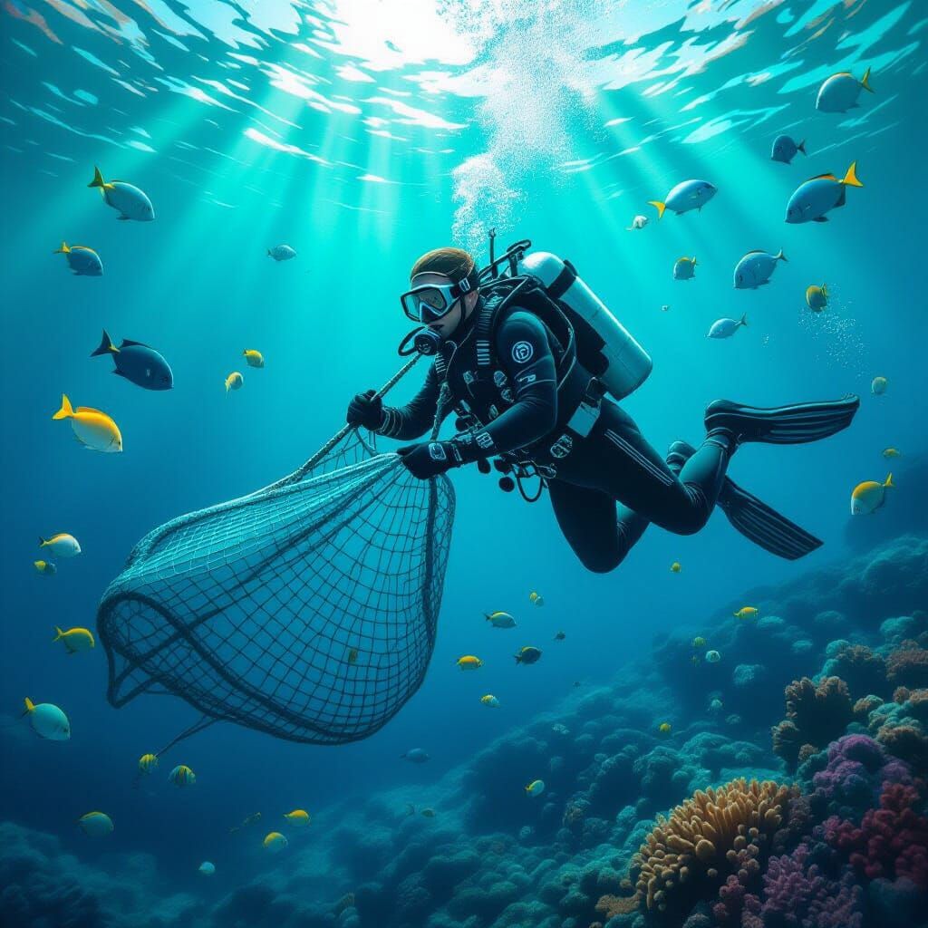 Lebanese Diver Removes Ghost Net, Hyperrealistic Digital Art