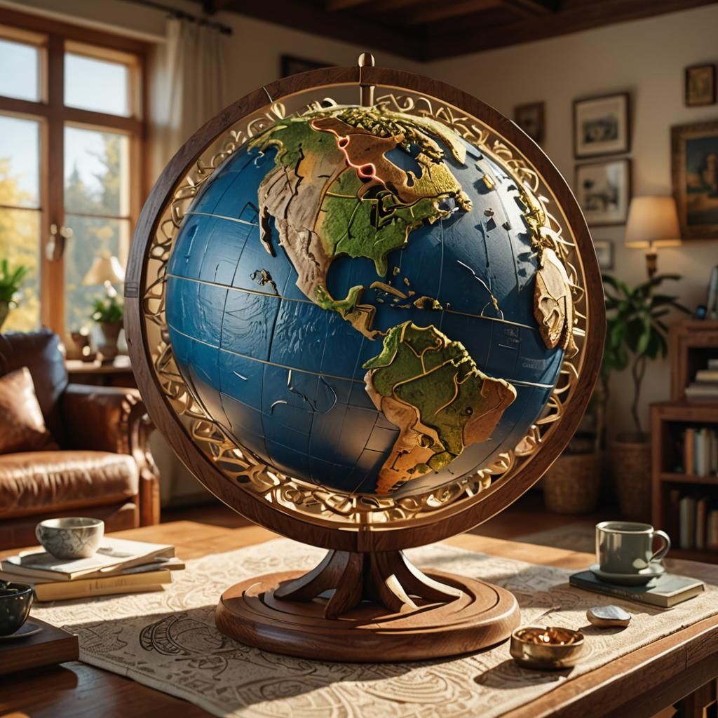 "An intricate (((Earth))) globe sculpture, intricately carve...