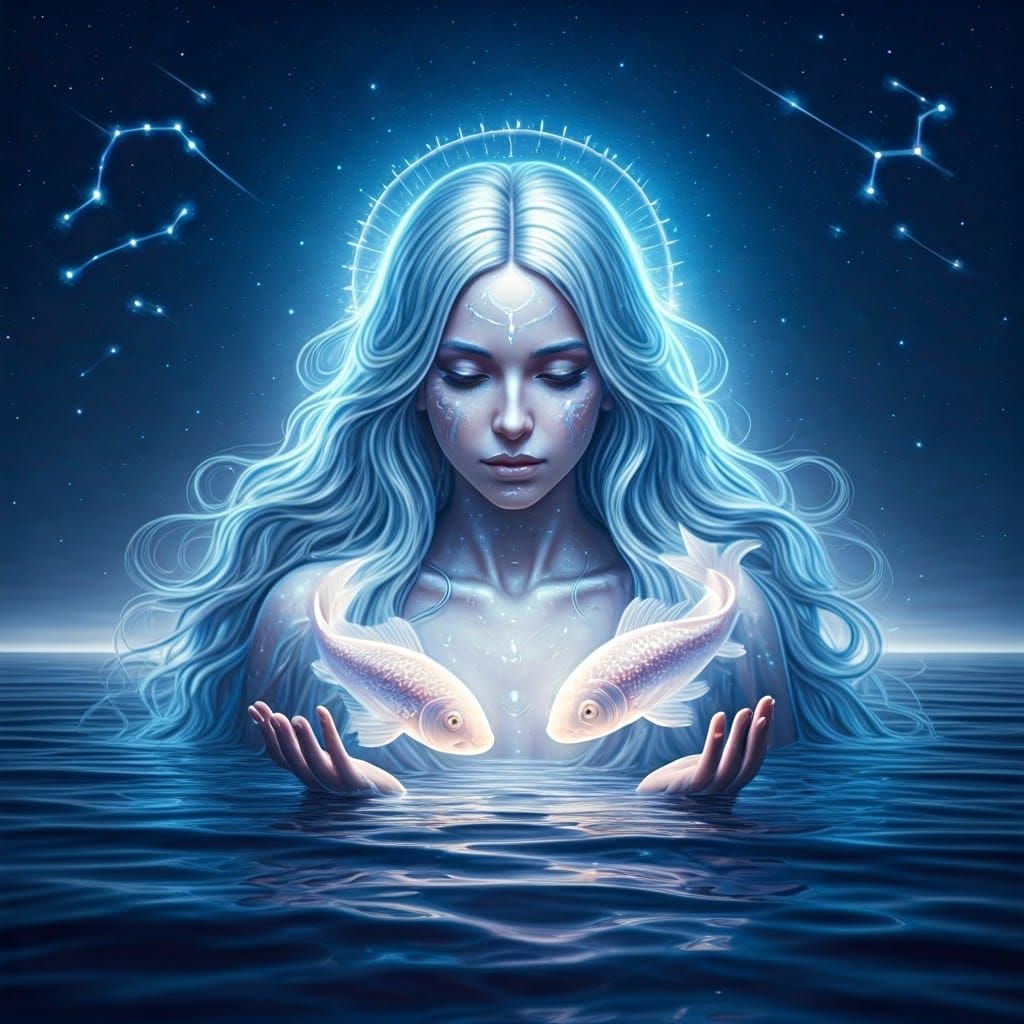 Celestial Goddess of Pisces Rises from Glowing Ocean