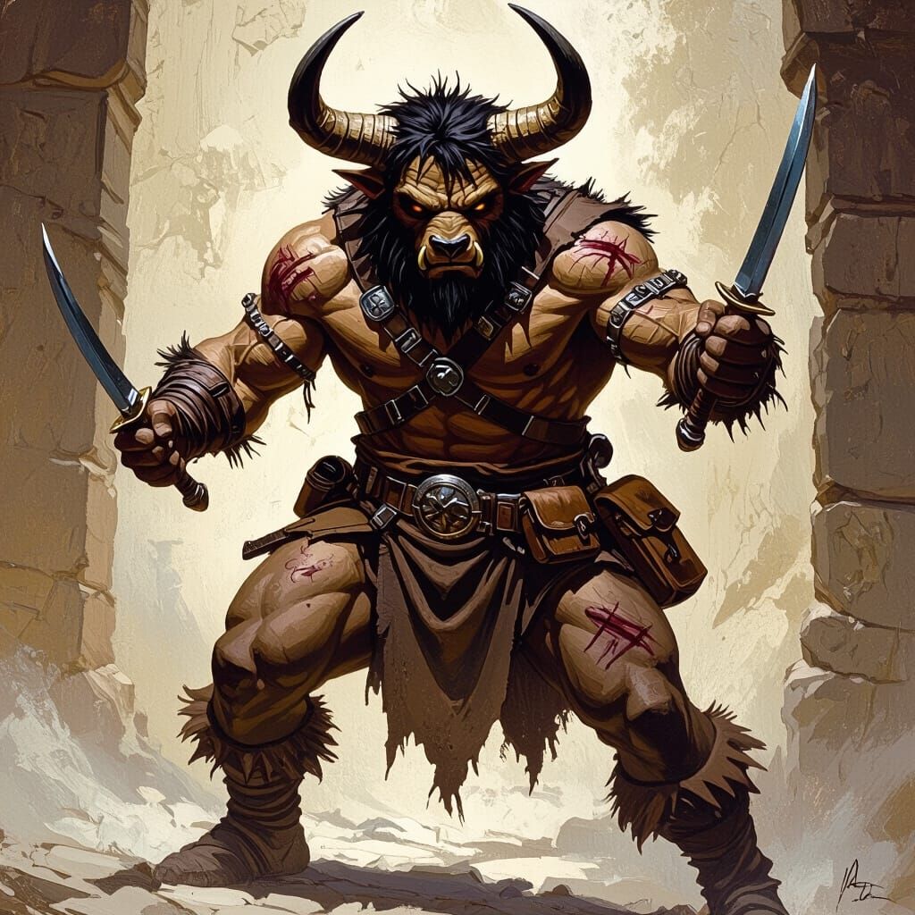 Minotaur Pit Fighter Casting Magic in Gritty Fantasy Style