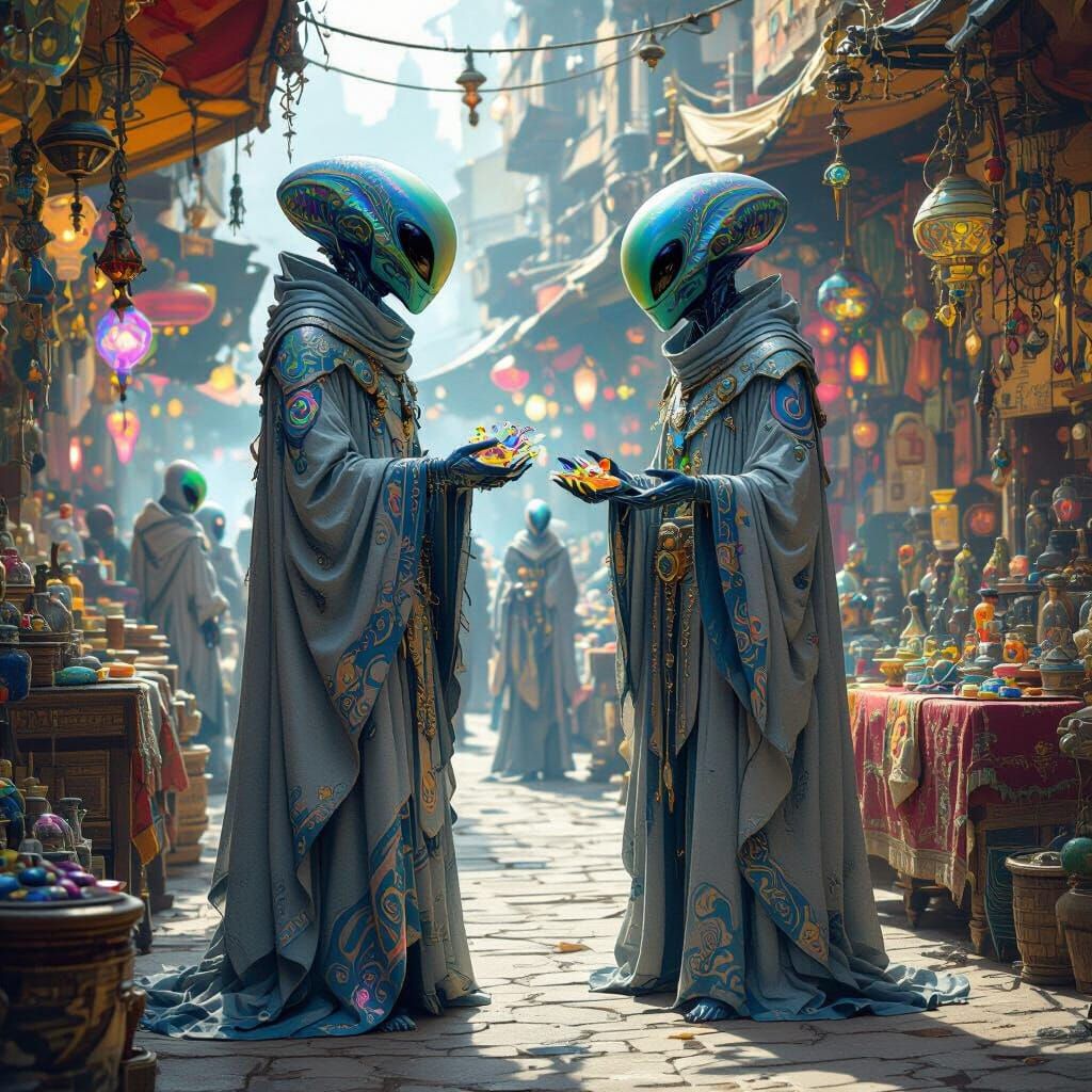 Alien Bazaar: Grey Aliens Bartering for Exotic Creatures