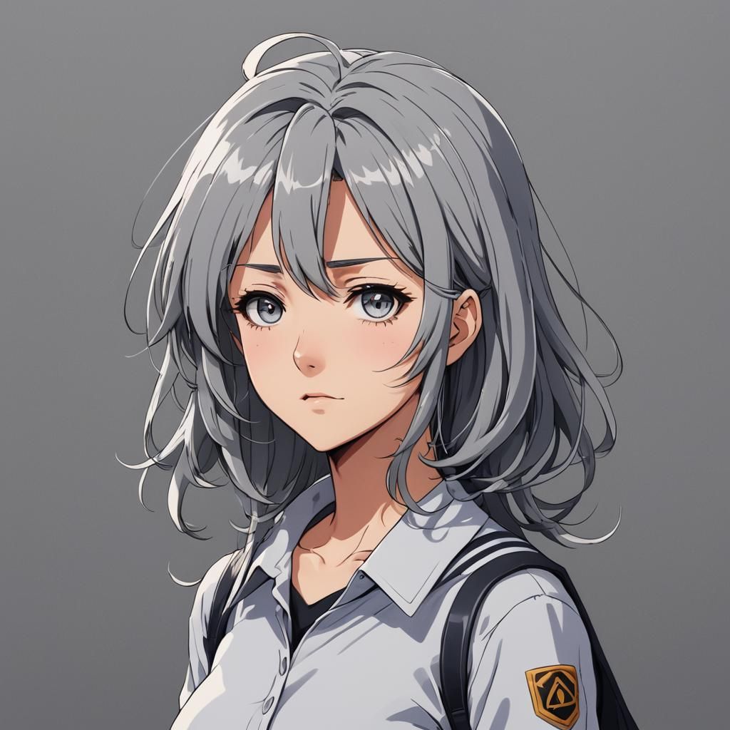 Anime Girl Student with Grey Hair in Cel-Shaded Style