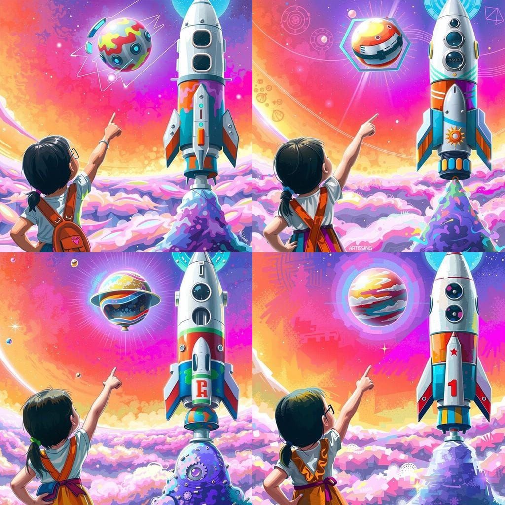 Adorable Girl Points to Rocket Ship, Digital Art