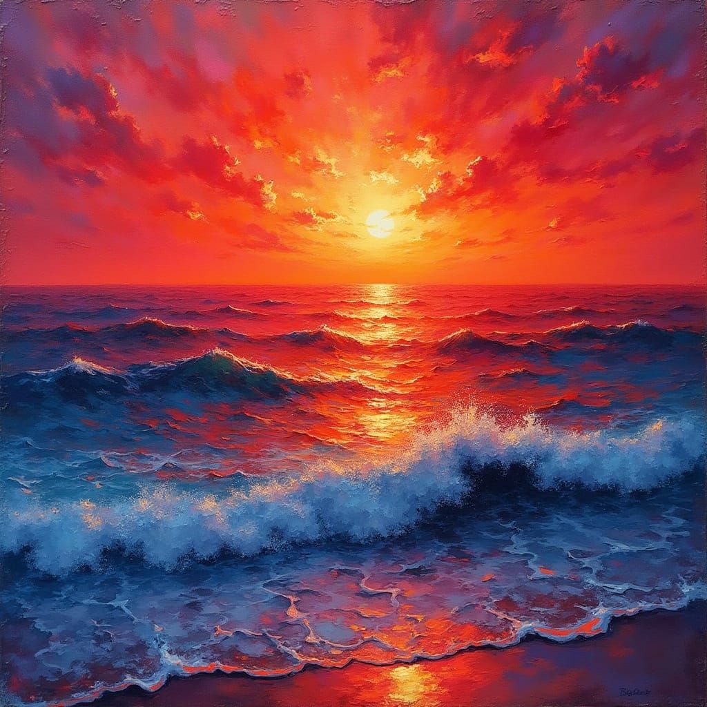 Crimson Sunset Over Ocean in Impasto Gouache Style